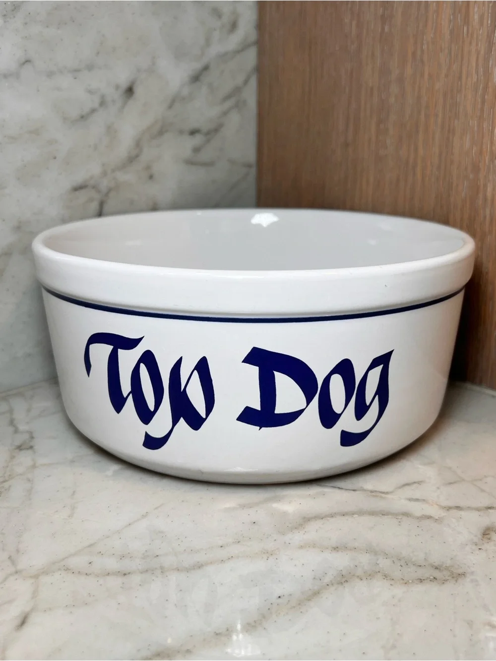 Vintage Clay Design TOP DOG ceramic dog bowl white blue pet food dish